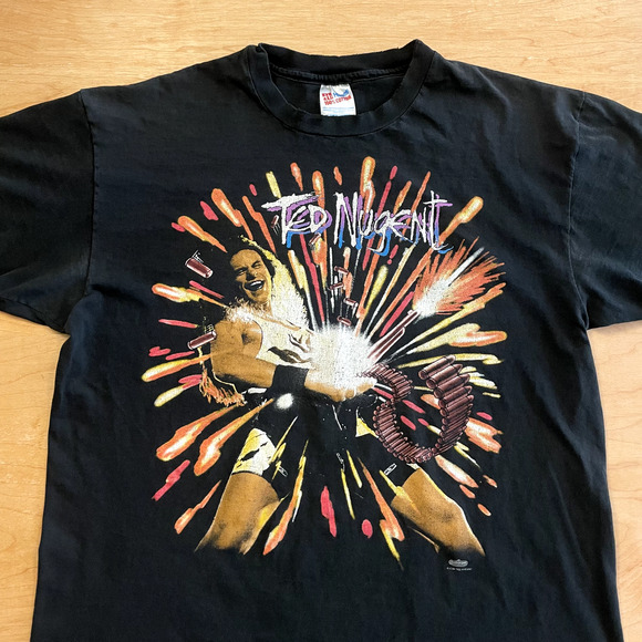 Vintage 90's Ted Nugent Guitar Music Black XL Short Sleeve VTG T-Shirt - Picture 2 of 13